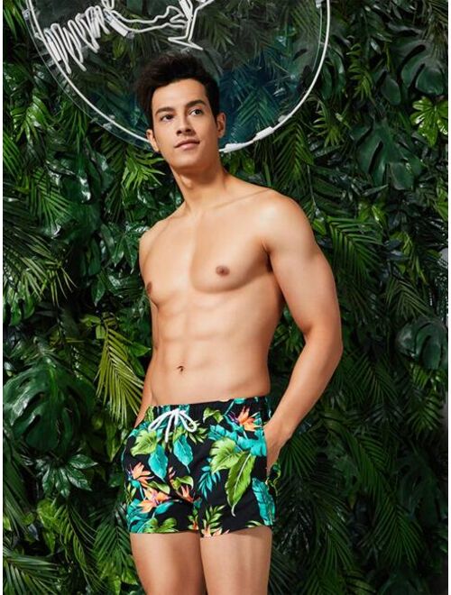 NITAGUT Men Tropical Print Drawstring Waist Swim Trunks