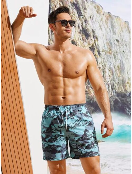 Men Graphic Print Drawstring Waist Swim Trunks