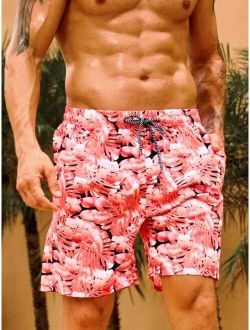 Men Tropical Print Drawstring Waist Swim Trunks