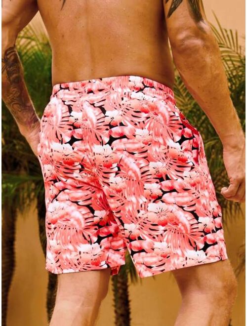 Men Tropical Print Drawstring Waist Swim Trunks