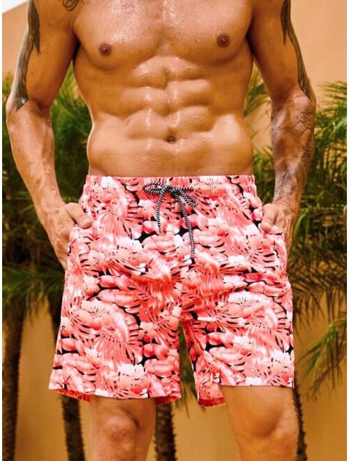 Men Tropical Print Drawstring Waist Swim Trunks