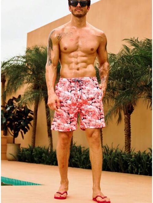 Men Tropical Print Drawstring Waist Swim Trunks