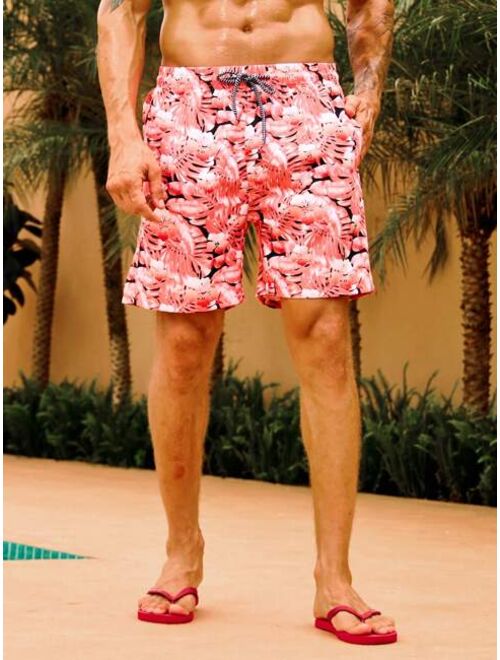 Men Tropical Print Drawstring Waist Swim Trunks