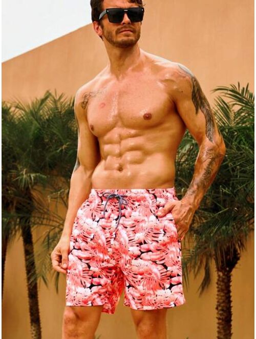 Men Tropical Print Drawstring Waist Swim Trunks