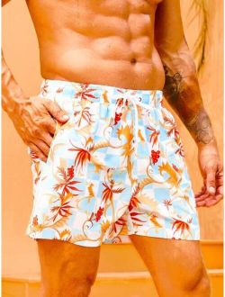 Men Tropical Print Drawstring Waist Swim Trunks