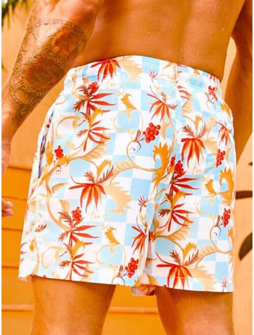 Men Tropical Print Drawstring Waist Swim Trunks