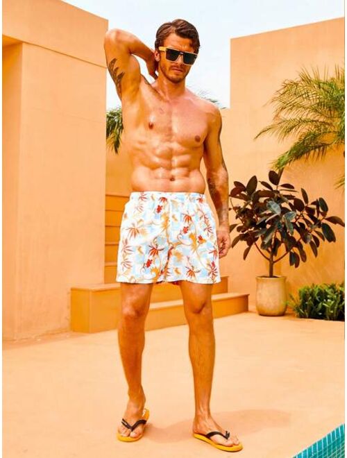 Men Tropical Print Drawstring Waist Swim Trunks