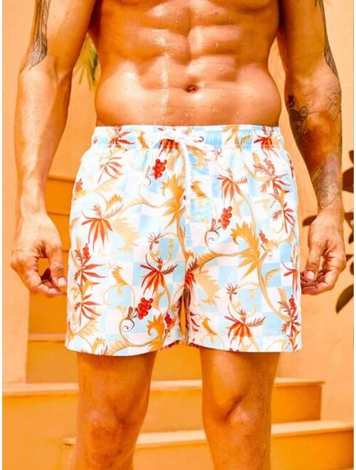 Men Tropical Print Drawstring Waist Swim Trunks