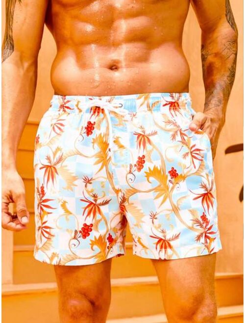 Men Tropical Print Drawstring Waist Swim Trunks