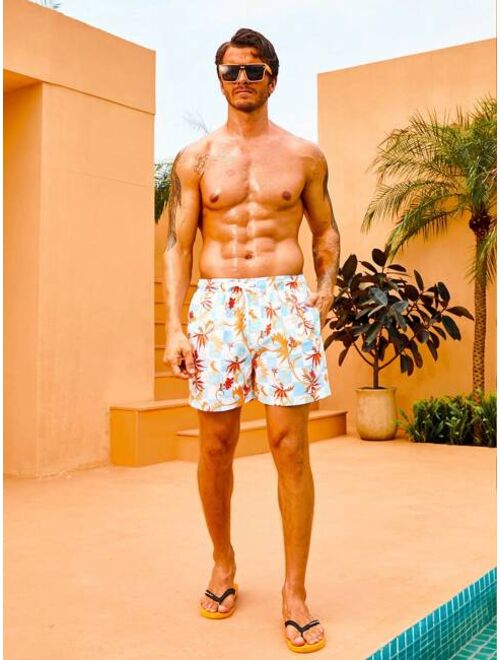 Men Tropical Print Drawstring Waist Swim Trunks