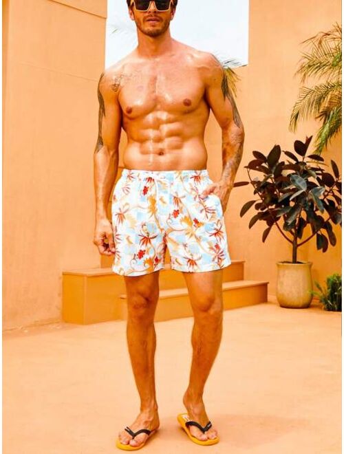 Men Tropical Print Drawstring Waist Swim Trunks