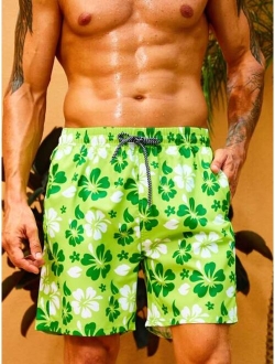 Men Floral Print Drawstring Waist Swim Shorts