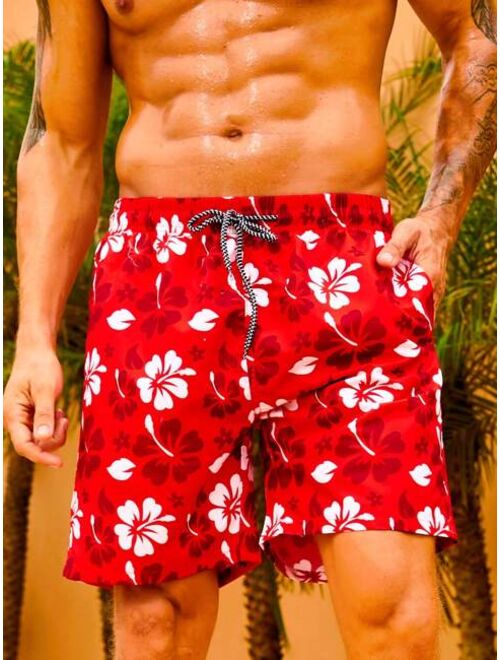 Men Floral Print Drawstring Waist Swim Shorts