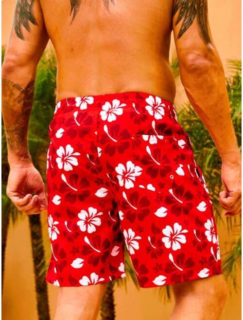 Men Floral Print Drawstring Waist Swim Shorts