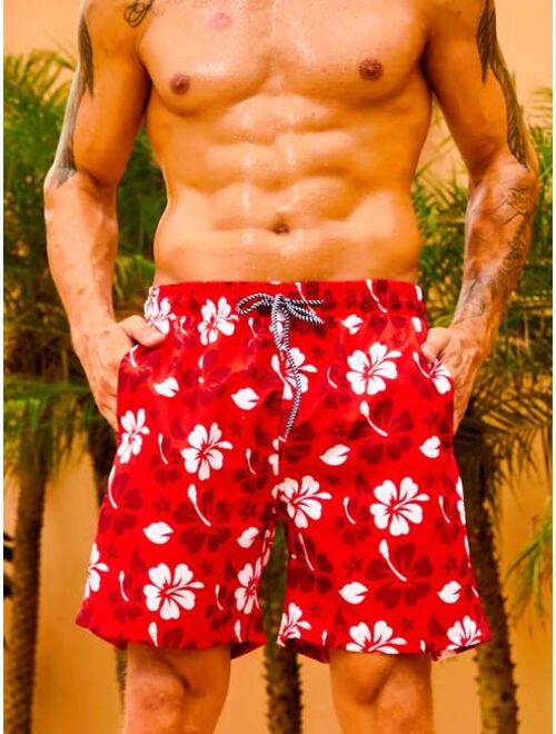 Men Floral Print Drawstring Waist Swim Shorts