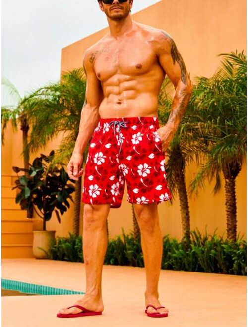 Men Floral Print Drawstring Waist Swim Shorts