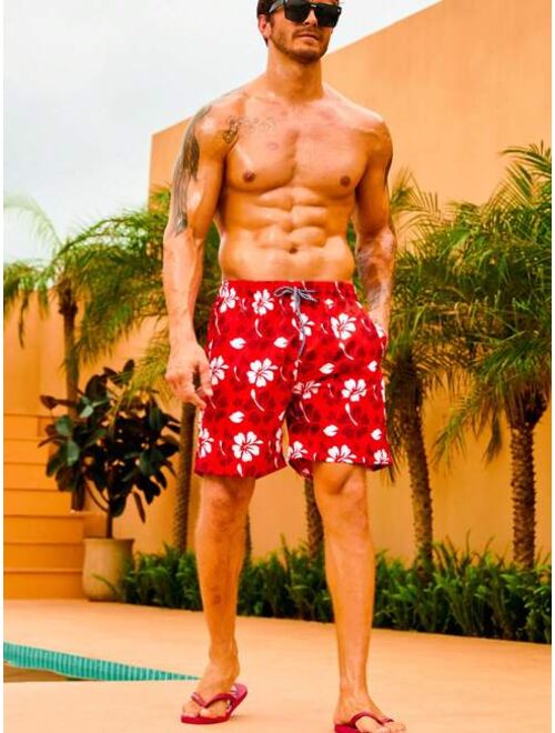 Men Floral Print Drawstring Waist Swim Shorts