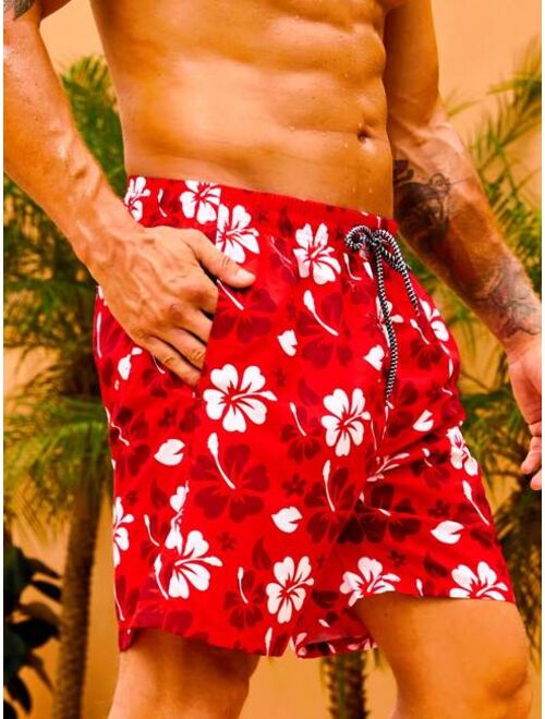 Men Floral Print Drawstring Waist Swim Shorts