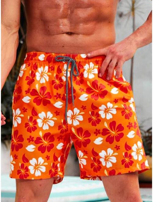 Men Floral Print Drawstring Waist Swim Shorts