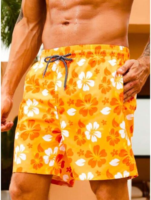 Men Floral Print Drawstring Waist Swim Shorts