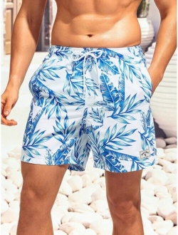 Men Tropical Print Letter Patched Detail Drawstring Waist Swim Trunks