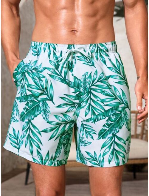 Men Tropical Print Letter Patched Detail Drawstring Waist Swim Trunks