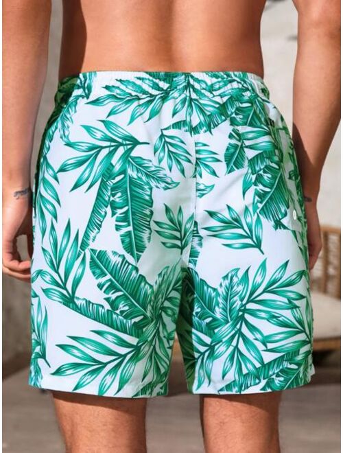 Men Tropical Print Letter Patched Detail Drawstring Waist Swim Trunks