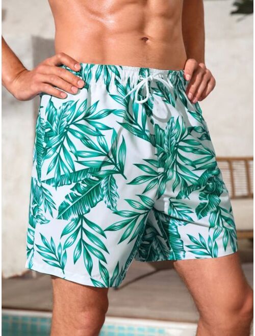 Men Tropical Print Letter Patched Detail Drawstring Waist Swim Trunks