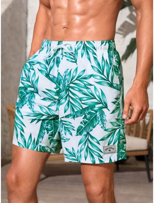 Men Tropical Print Letter Patched Detail Drawstring Waist Swim Trunks