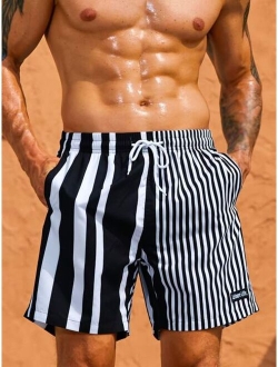 Men Striped Print Patch Detail Drawstring Waist Swim Shorts