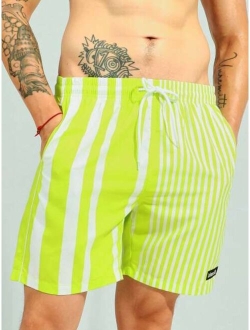 Men Striped Print Patch Detail Drawstring Waist Swim Shorts