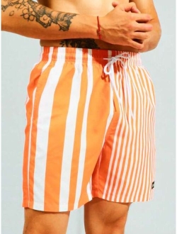 Men Striped Print Patch Detail Drawstring Waist Swim Shorts