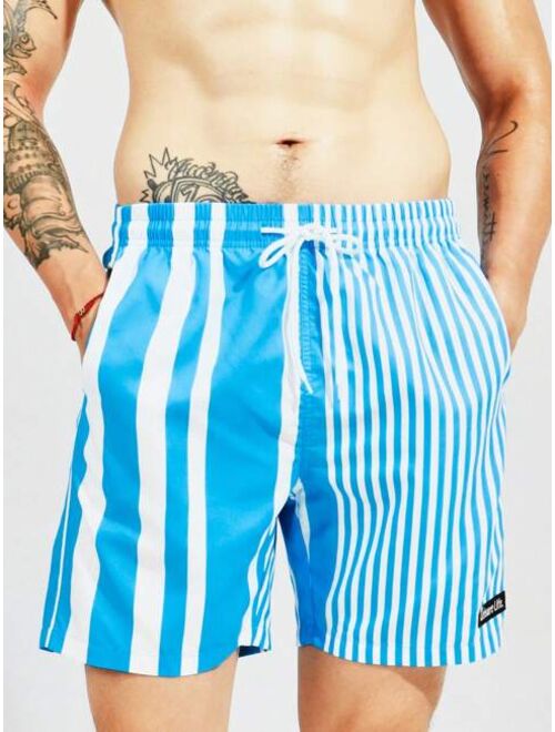 Men Striped Print Patch Detail Drawstring Waist Swim Shorts