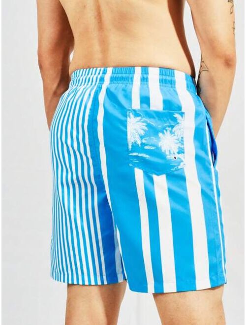 Men Striped Print Patch Detail Drawstring Waist Swim Shorts