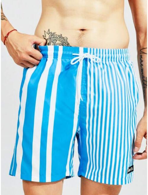 Men Striped Print Patch Detail Drawstring Waist Swim Shorts