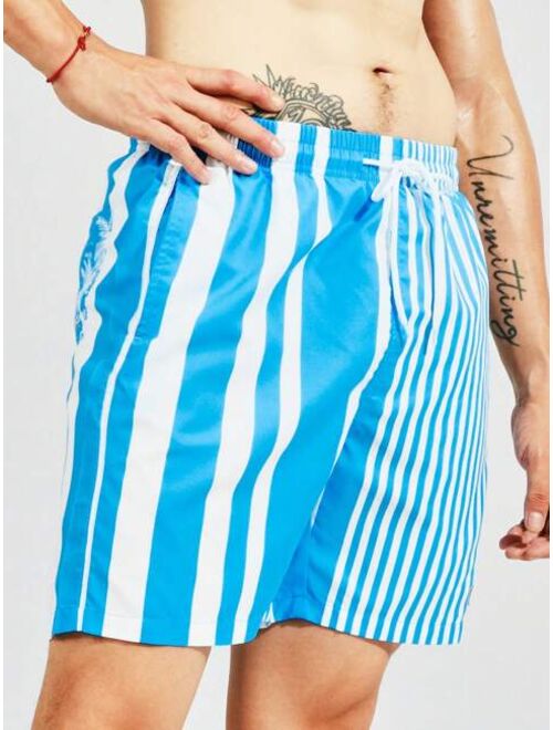 Men Striped Print Patch Detail Drawstring Waist Swim Shorts