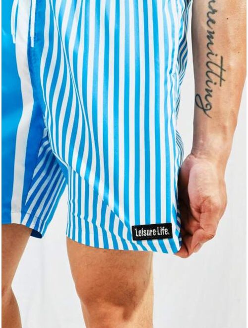 Men Striped Print Patch Detail Drawstring Waist Swim Shorts