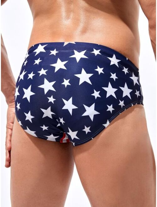 Men Americana Print Drawstring Waist Swim Brief