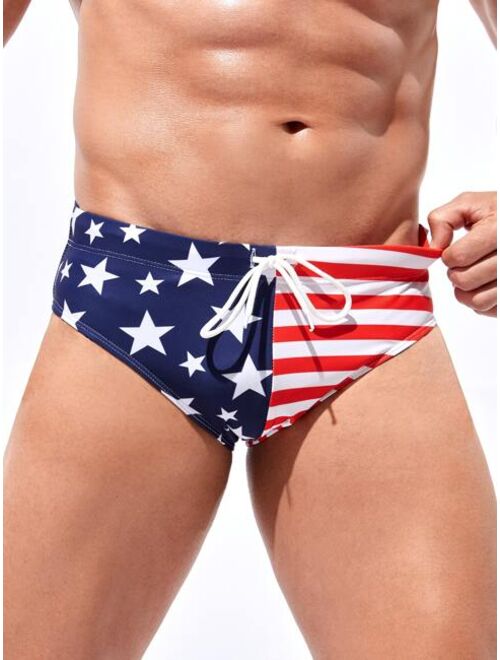 Men Americana Print Drawstring Waist Swim Brief