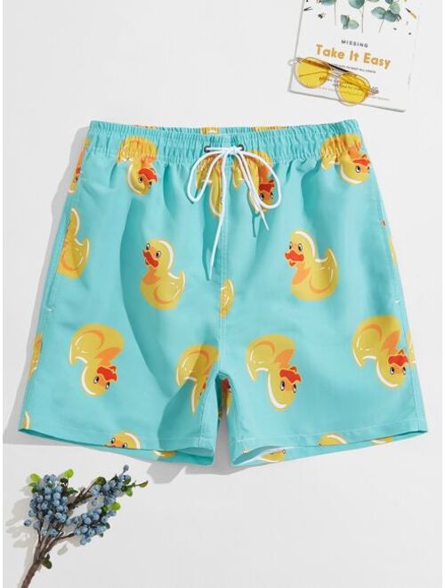 Men Random Cartoon Duck Print Swim Trunks