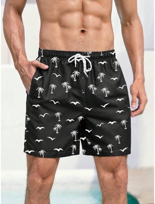 Men Coconut Tree Bird Print Drawstring Waist Swim Trunks