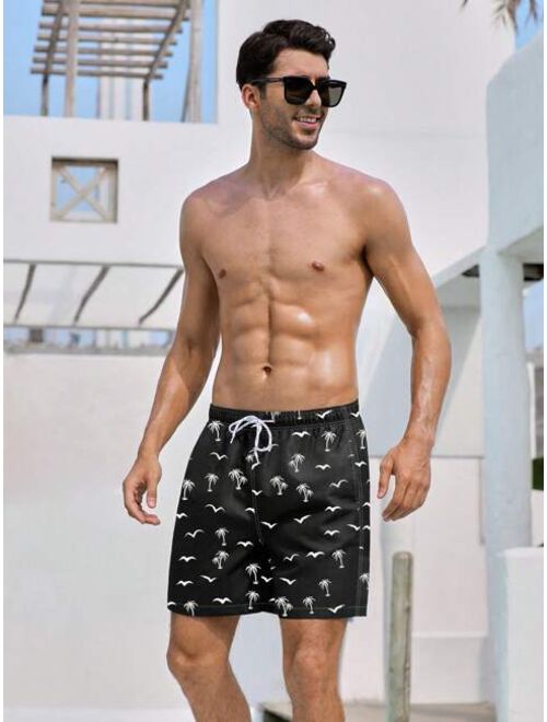 Men Coconut Tree Bird Print Drawstring Waist Swim Trunks