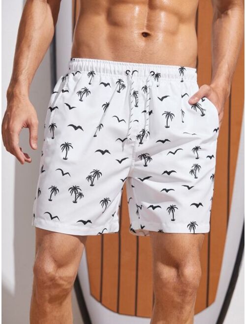 Men Coconut Tree Bird Print Drawstring Waist Swim Trunks