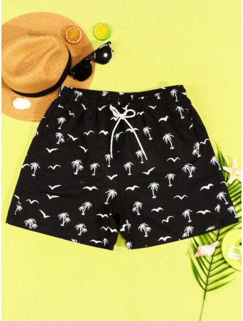 Men Coconut Tree Bird Print Drawstring Waist Swim Trunks