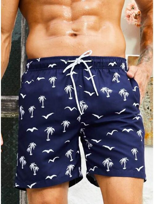 Men Coconut Tree Bird Print Drawstring Waist Swim Trunks