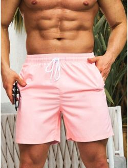 Men Drawstring Waist Zip Pocket Swim Trunks