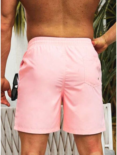 Men Drawstring Waist Zip Pocket Swim Trunks