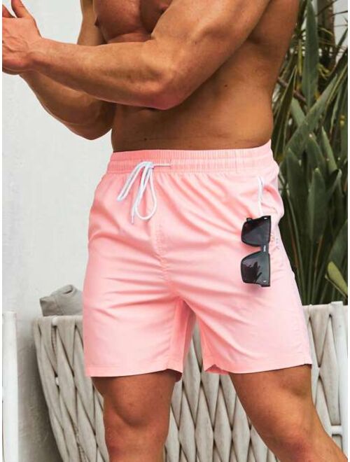 Men Drawstring Waist Zip Pocket Swim Trunks