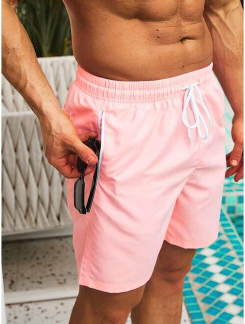 Men Drawstring Waist Zip Pocket Swim Trunks