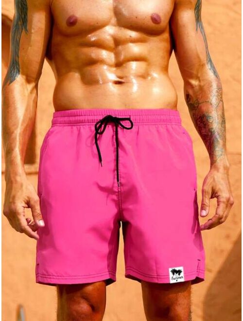 Men Letter Patched Drawstring Waist Swim Trunks